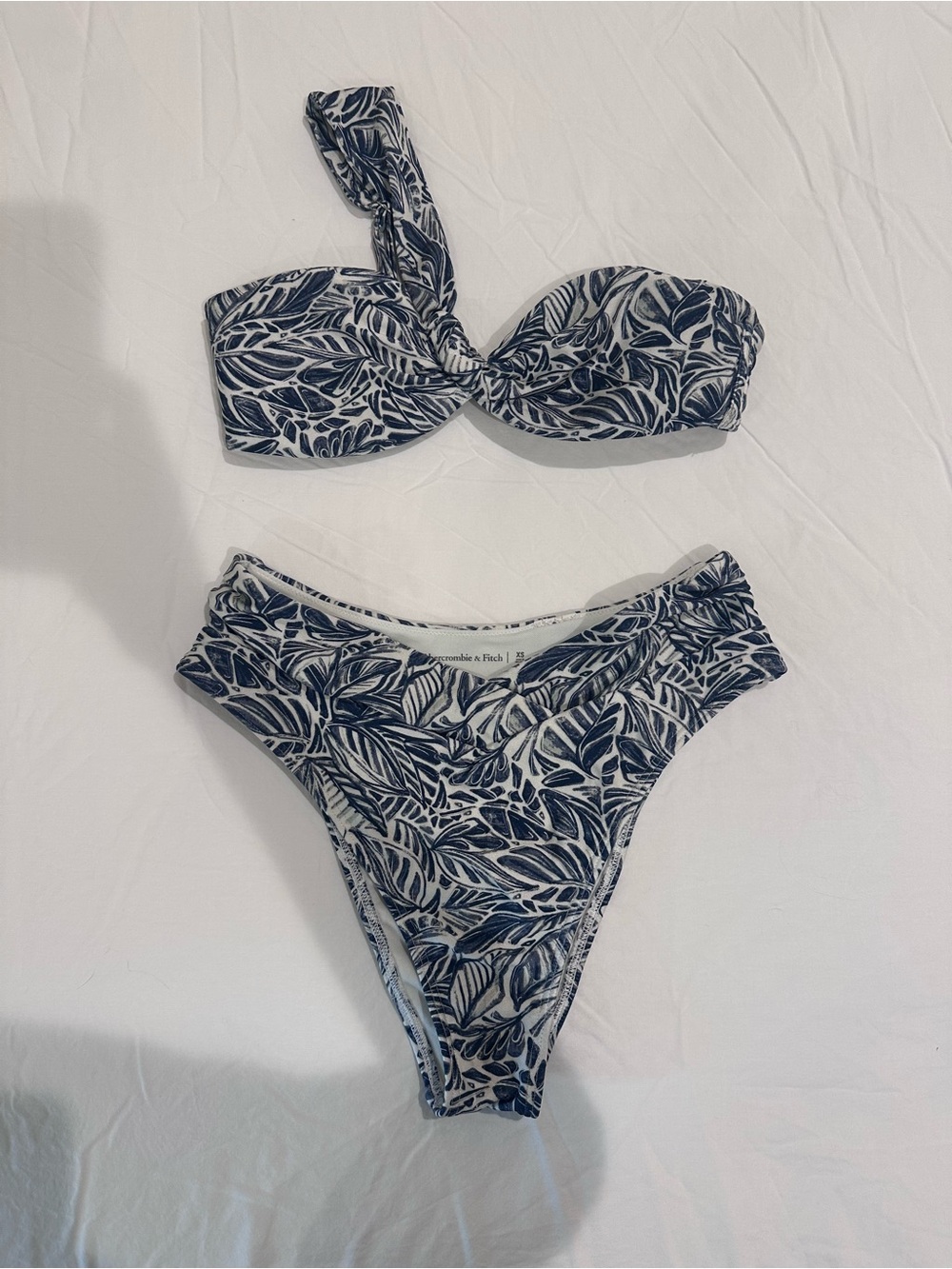 Abercrombie Leaf-Print Navy and White High-Cut Bikini Set - Women Swim